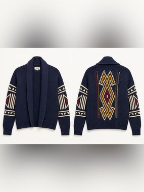 Golden by TNA Shawl-Collar Navy Aztec-Pattern Knit Sweater